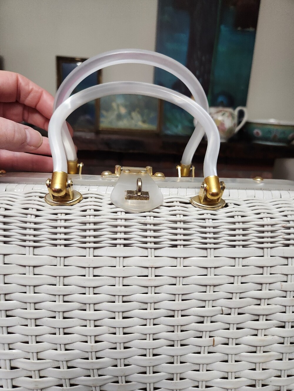 White Wicker Top-Handle Bag with Gold Hardware- Vintage